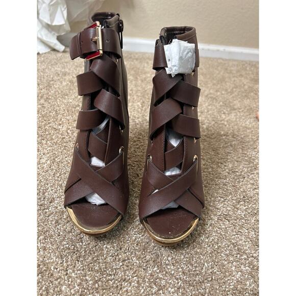 New bootie heels strappy chocolate brown open toe gold hardware Sexy SZ 8 - Picture 5 of 7